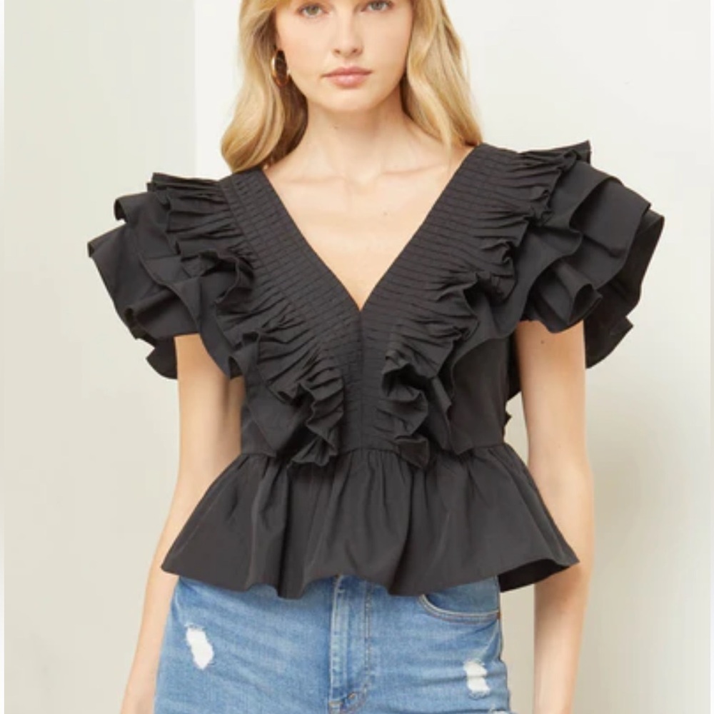 Strut and Bolt Black Ruffle V-Neck Top